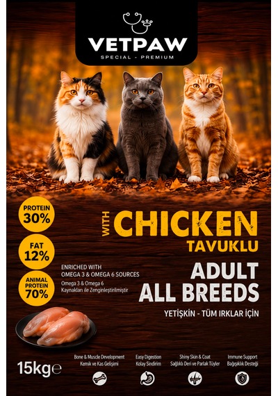 Vetpaw Tavuklu Yetişkin Kedi Maması 15 Kg Premium - Tüm Irklar İçin Kuru Kedi Maması