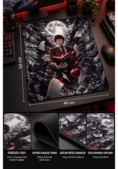 50x40 Cm Death Note Desenli Gaming Oyuncu Mouse Pad Kaymaz Taban Büyük Fare Altlığı