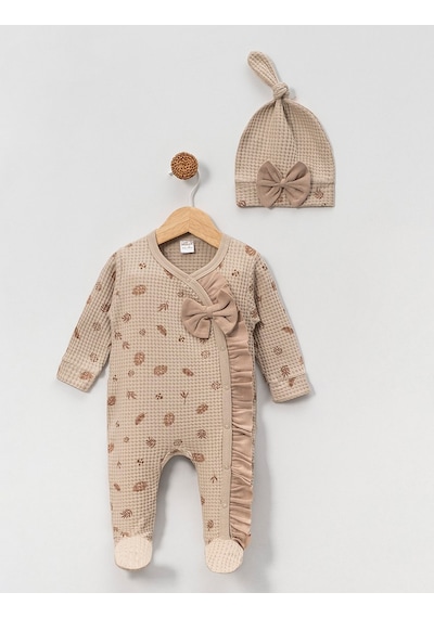 Bellamio Kids Yaprak Desenli Şapkalı Kız Bebek Patikli Tulum Açık Kahverengi