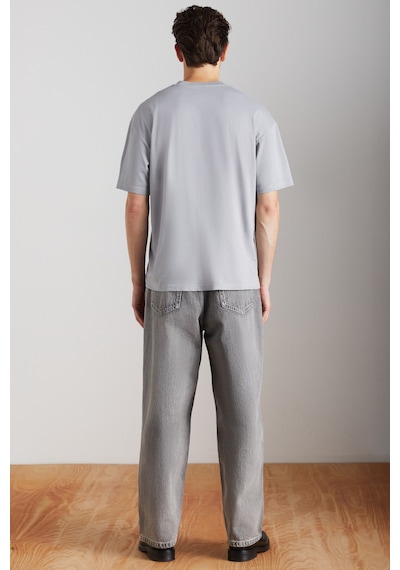Grımelange Grımelange Jett Erkek Oversize Fit %100 Organik Pamuk Kalın Dokulu Bisiklet Yakalı Gri T-shirt Gri