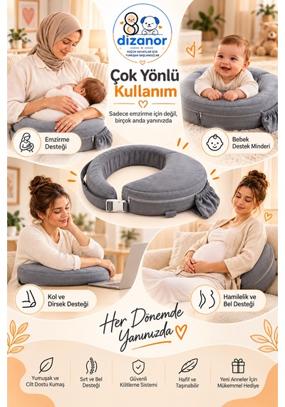 Dizanor Ayarlanabilir Kemerli Çok Amaçlı Emzirme Minderi Fermuarlı Yıkanabilir Kılıf 56x50x11 Cm - Gri