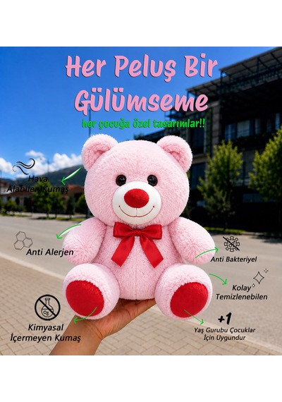 Sevimli Peluş Ayıcık 30cm - Hediyelik & Sevimli Uyku Arkadaşı Peluş Oyuncak Açık Pembe