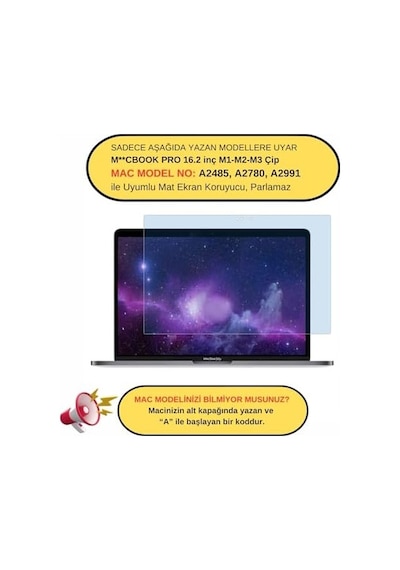 Macbook Pro 16.2 İnç M2 M3 M4 Uyumlu Anti Blueray Ekran Koruyucu Mavi Mor Işık Filtresi Göz Yormayan Retina Net Görüntü Touch Id Şeffaf