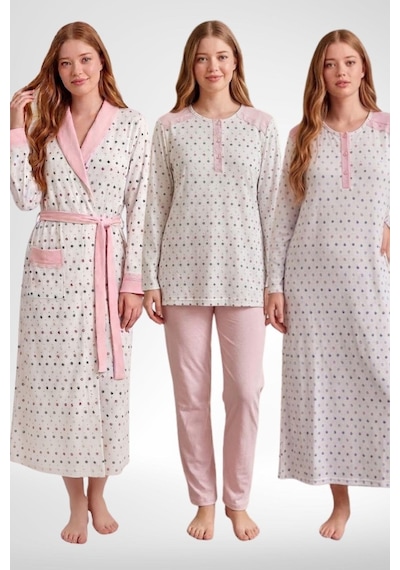 Mecit Pijama Mecit 6360 Pembe Kadın Sabahlık Pijama Gecelik Set