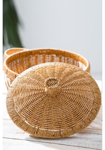 Digithome Rattan Hasır Kapaklı Çok Amaçlı Depolama Mutfak Banyo Sepeti 26 Cm Kahverengi Kahverengi