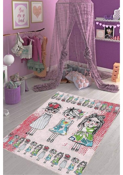 Pembe Kaymaz Tabanlı Yıkanan Prensesli Çocuk Halısı Kd112n11