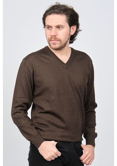 Woolen World Erkek V Yaka Desenli Yün Kazak 5597802 Kahverengi Kahverengi