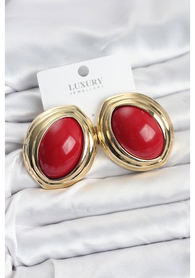 Pirinç Kırmızı Badem Model Vintage Gold Kadın Küpe
