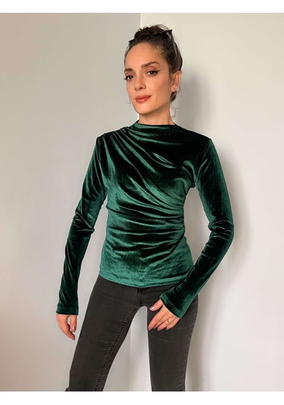 Ali Butik Yeşil Balıkçı Yaka Kadife Bluz Yeşil