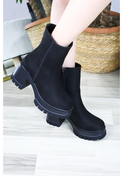 Asmi Shoes Kadın Leysi 8 Cm Platformlu Topuklu Fermuarlı Bot Siyah Süet Siyah