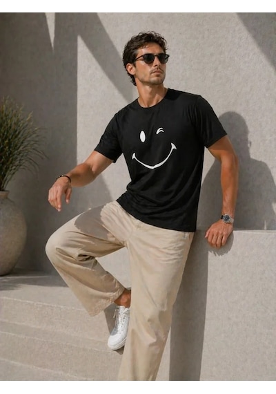 Veraura Lifestyle Erkek Minimal Gülümseyen Yüz Baskılı Tişört Kısa Kol Yazlık T-shirt - Siyah
