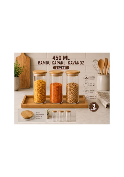 3lü Set Bambu Kapaklı Cam Saklama Kavanozu Hava Geçirmez Çok Amaçlı Mutfak Saklama Kabı 450ml Şeffat