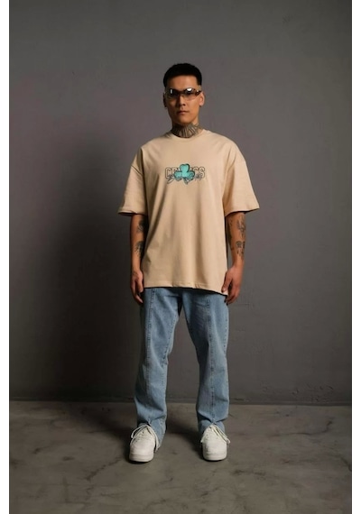 Erkek Sırt Baskılı T-shirt - Bej