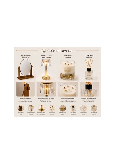 Doğum Günü, Özel Gün, Yeni İş, Yeni Ev Hediyesi Kristal Masa Lambası, Makyaj Aynası, Mum Ve Oda Kokusu Premium Hediye Set