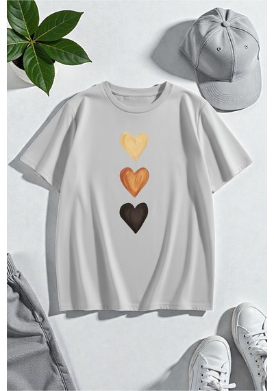 Uyguntarz Unisex Üç Kalpli Tasarım Basklı Tshirt Gri