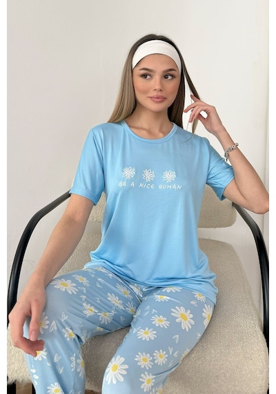 Giysa Kadın Bisiklet Yaka Desenli Kısa Kollu Pijama Takımı Mavi - 26y 2601