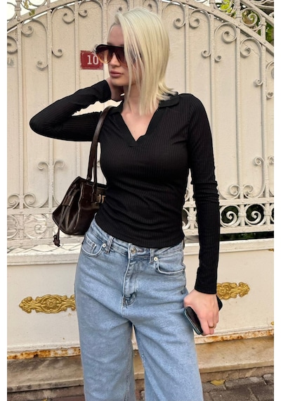 Madmext Siyah Polo Yaka Fitilli Kadın Body Mg2566 Siyah