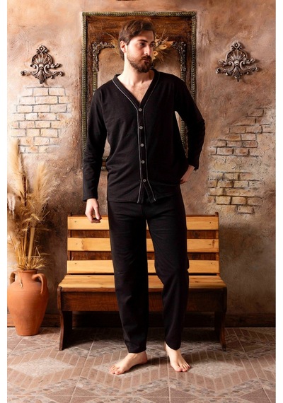 Sude Homewear Erkek Düğmeli Pijama Takımı Siyah - Beyaz