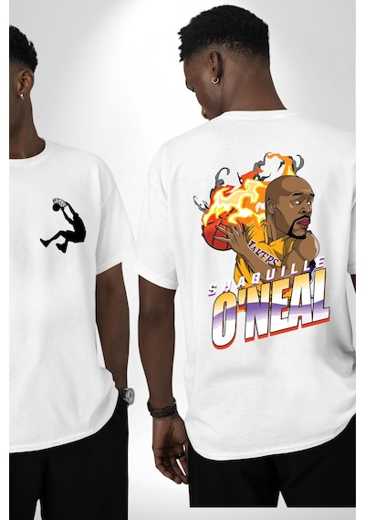 Basketbol Shaquille Oneal Star Ateş Topu Beyaz Oversize Unisex Ön Ve Sırt Baskılı Tişört Beyaz