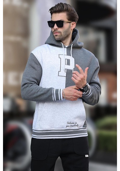 Madmext Antrasit Renk Bloklu Kapüşonlu Baskılı Erkek Sweatshirt 7078 Antrasit