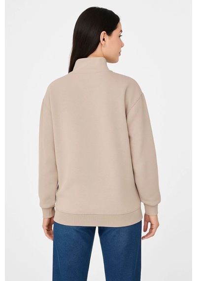 Kadın 3 İplik Dık Yaka Yarım Fermuarlı Sweatshirt - Bej