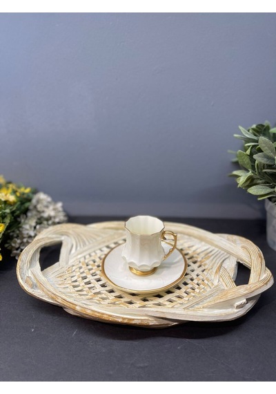 Dekoratif Polyester Tekli Hasır Sunumluk Tepsi Krem Gold Eskitme