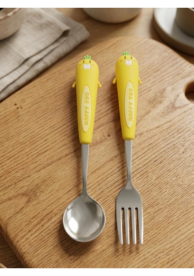 Sevimli Figürlü Premium Çocuk Bpa Free Paslanmaz Çelik Uçlu Çatal-kaşık Set 24+ Ay Sarı