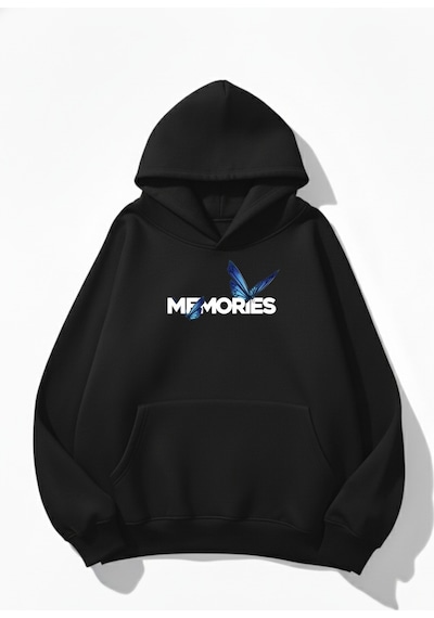 Uyguntarz Unisex Yumuşak Dokulu Butterfly Memories Baskılı Tasarım Oversize 3 İplik Hoodie Sweatshirt siyah