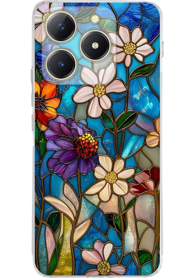 Printify Realme C61 İle Uyumlu Vitray Mavi Bahar Tasarımlı Şeffaf Silikon Kılıf Şeffaf