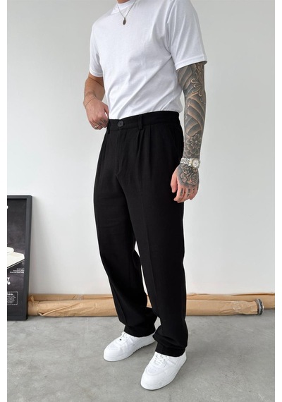 Siyah Premium Baggy Keten Pantolon Siyah