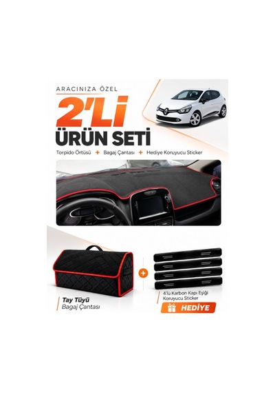 E-biz Renault Clıo 4 2012-2019 Uyumlu Torpido Örtüsü + Tay Tüyü Çanta - Siyah-kırmızı - Re018