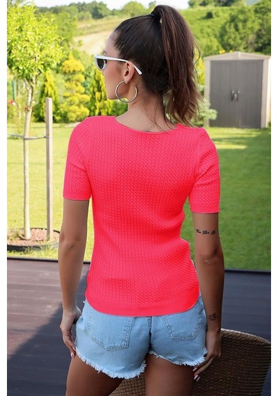 Aqe Fashion V Yaka Kısa Kol Fuşya Bluz FUŞYA