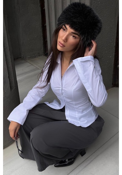 Madmext Beyaz Vücuda Oturan Slim Fit Kadın Gömlek Mg2659 Beyaz