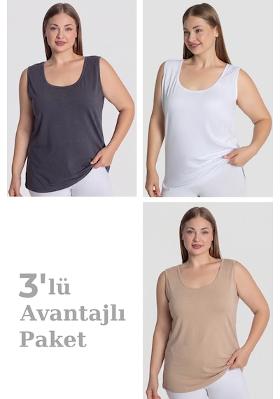 Arma Yıldız Kadın Pamuklu Büyük Beden Kalın Askılı Atlet 3'lü Paket Beyaz Antrasit Bej