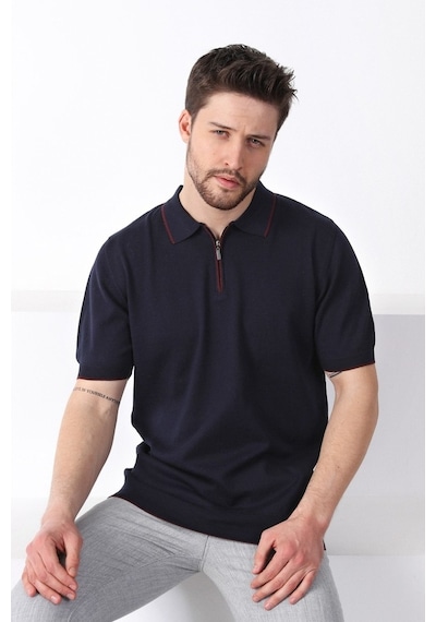 Ferraro Lacivert Yaka Şerit Fermuarlı Erkek Pamuk Triko T-Shirt-Lacivert Ferraro Lacivert Yaka Şerit Fermuarlı Erkek Pamuk Triko T-Shirt-Lacivert