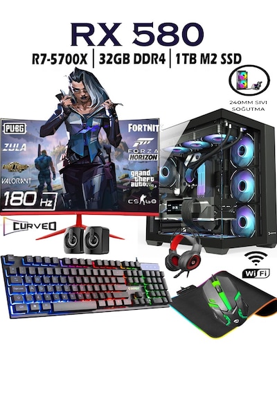 Apphirex Rebirth X87 R7-5700X 32 GB 1 TB M.2 RX580 8 GB 24'' W10P Masaüstü Oyuncu Bilgisayarı