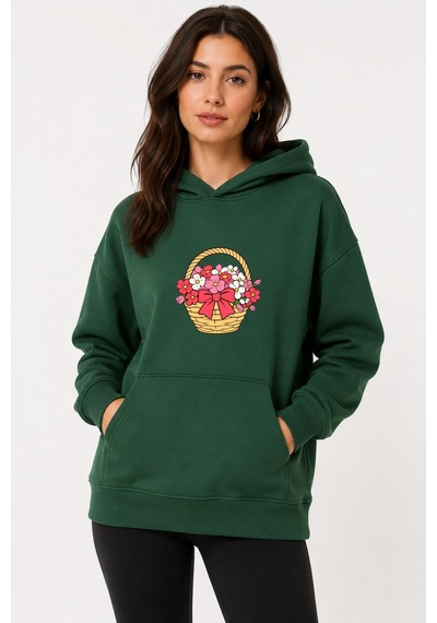 Herkesemoda Çiçek Sepeti Baskılı Kapüşonlu 2 İplik Şardonlu Sweatshirt Yeşil