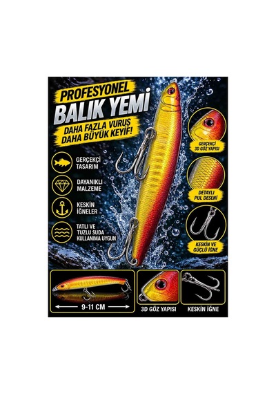 9 11 Cm At Çek Balık Avı Yemi Parlak Altın Sarısı Kırmızı Renkli 3d Gözlü Keskin Üçlü Iğneli