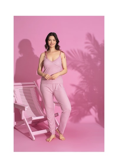 Rindahomewear Kadın Fitilli Askılı Pijama Takımı Pembe2