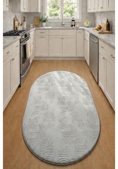 Raschel Carpet Yıkanabilir Oval Elips Leke Tutmaz Emboss Bohem Açık Gri Mutfak Halısı Özel Seri Kaymaz Taban Halı Açık Gri