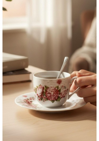 6 Kişilik Porselen Çay Fincanı Kaşıklı Çiçekli 150ml Diğer