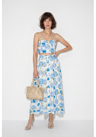 Kadın Çiçek Desenli Crop Bluz Ve Düğme Detaylı Midi Etek Takım 7697 60286365 - Ekru-mavi