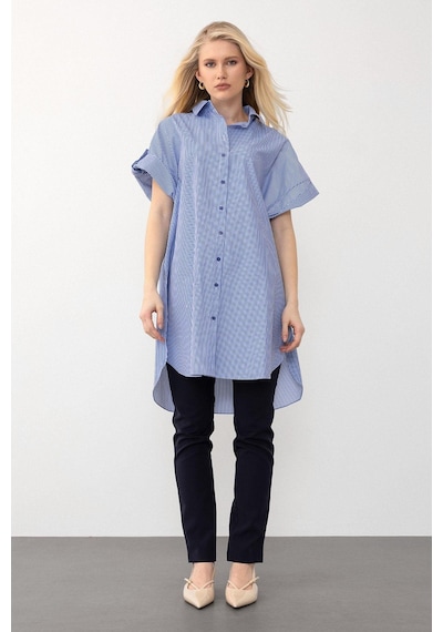 Olcay Yandan Yırtmaçlı Çizgili Poplin Tunik Mavi 9283