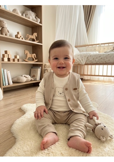 Ciccim Baby 3lü Takım Yelekli Bear Hugs Toprak Bej