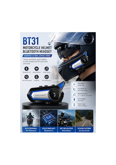 Bt31 Motosiklet Kask Bluetooth Kulaklık Interkom Su Geçirmez Moto Intercomunicador Bluetooth V5.2 Led Işıklı Kask Kulakığı Otomatik Çağrı Cevaplama İntercom