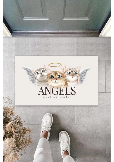 Home Beyaz Kapı Önü Paspası Angels Kediler Desen K-3343 Renkli