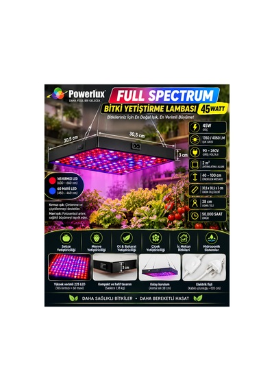 45w Full Spectrum Led Bitki Yetiştirme Lambası - 225 Led Kırmızı Mavi Işık 30.5x30.5 Cm Bitki Büyütme Paneli Fişli / Asma Teli Dahil Tak Çalıştır Set 45w Full Spectrum Led Bitki Yetiştirme Lambası - 225 Led Kırmızı Mavi Işık 30.5x30.5 Cm Bitki Büyütme Paneli Fişli / Asma Teli Dahil Tak Çalıştır Set