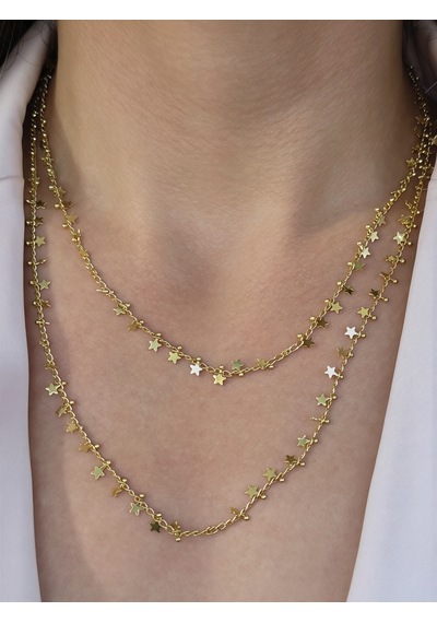 Çoklu Yıldız Pullu Zincir Model Altın Kaplama Kolye Gold