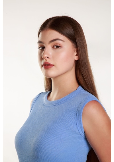 Mea Capio Kadın Bebe Mavisi Fitilli Likralı Sıfır Kol Bisiklet Yaka Örme Atlet Tshirt Bluz Bebe Mavi