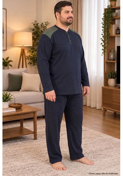 Seboteks İnterlok Kumaş Yakası Düğmeli Uzun Kollu Büyük Beden Erkek Pijama Takımı 8585 Koyu Lacivert